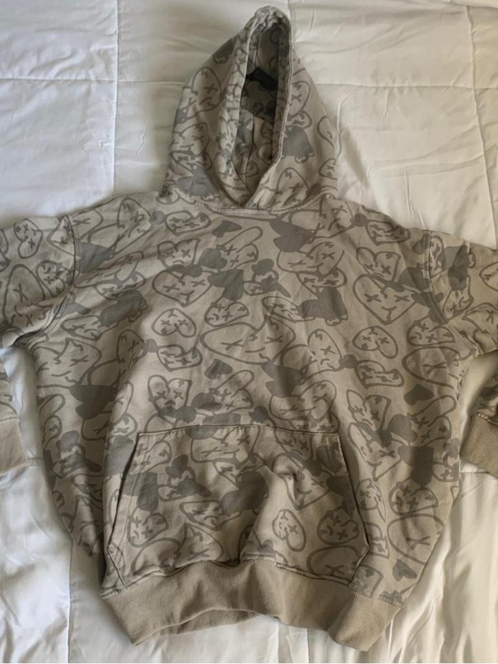 Men's Beige Crewneck Hoodie with All-Over Graphic Print